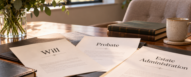 A professional office desk with documents labelled “Will”, “Probate” and “Estate Administration”, alongside a pen, glasses and flowers.
